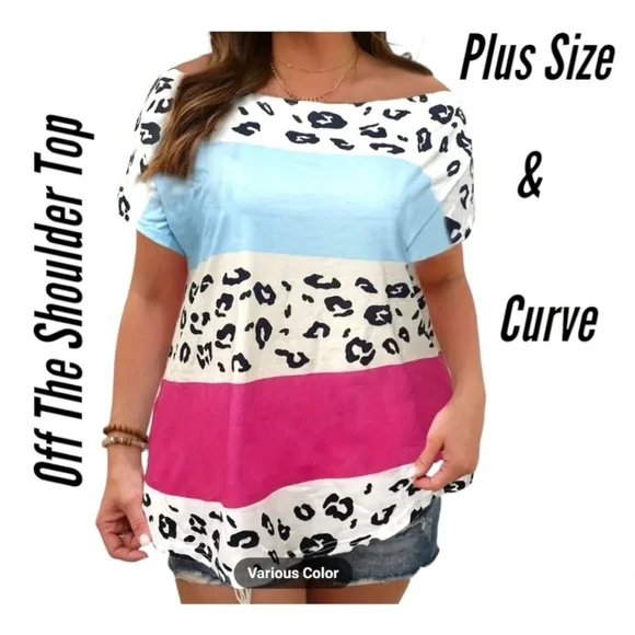 NWT!! Women's Trendy Plus Size Leopard Print Colorblock Off The Shoulder Top!!💖 - Picture 2 of 5